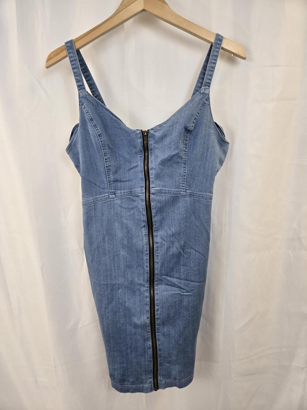 Haute Monde Dress Womens Medium Blue Denim Zip Front Sleeveless Bodycon Mini